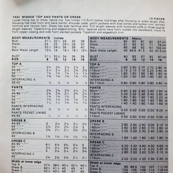 Vogue Patterns 7432 UNCUT Misses Size 12 1970s Top Pants & Dress Sewing Pattern - Picture 5 of 10